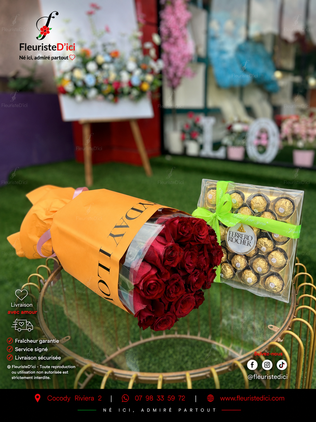Bouquet Passion Dorée – Roses Rouges & Perles