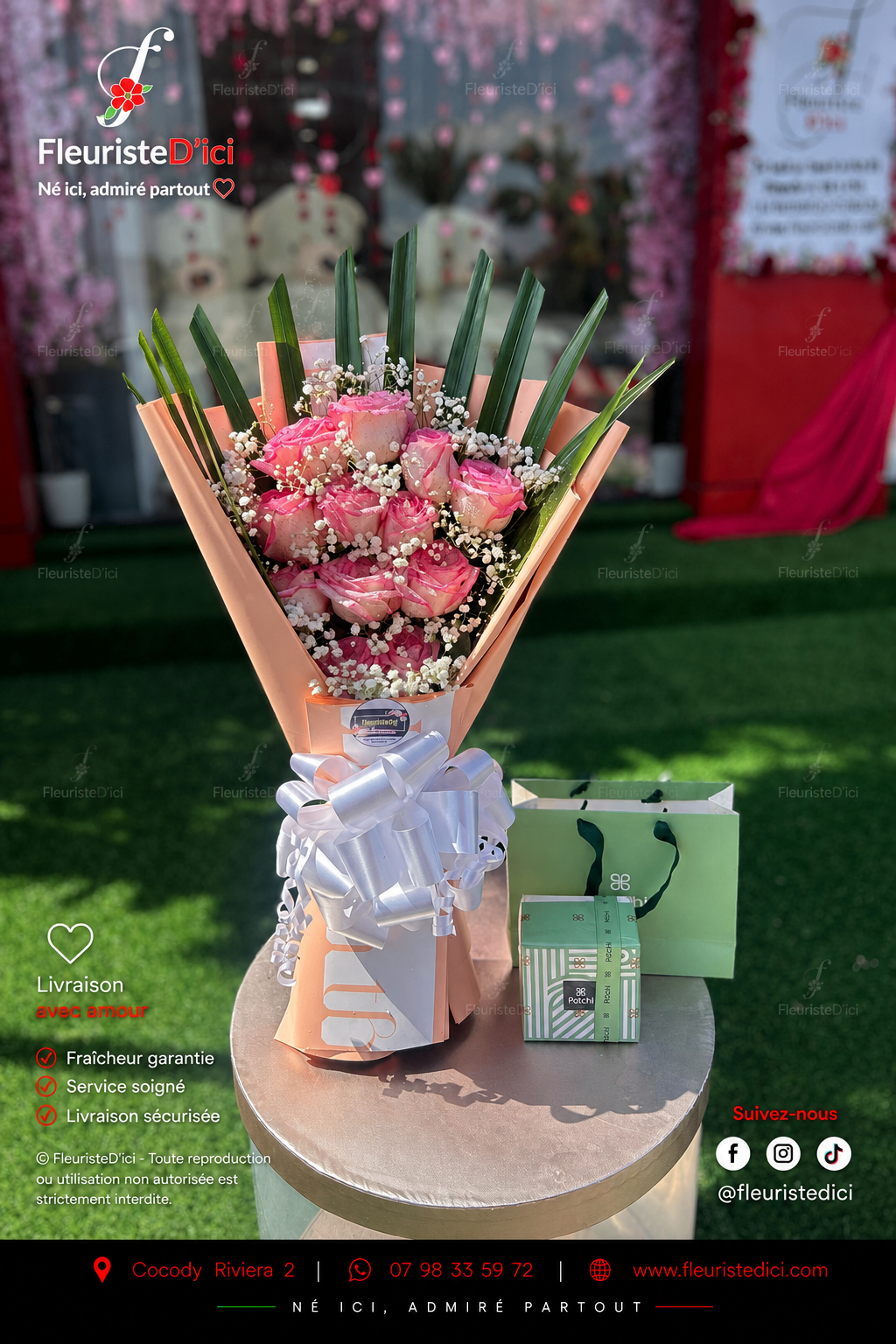 Bouquet Sublime – Roses Fraîches & Chocolat Patchi