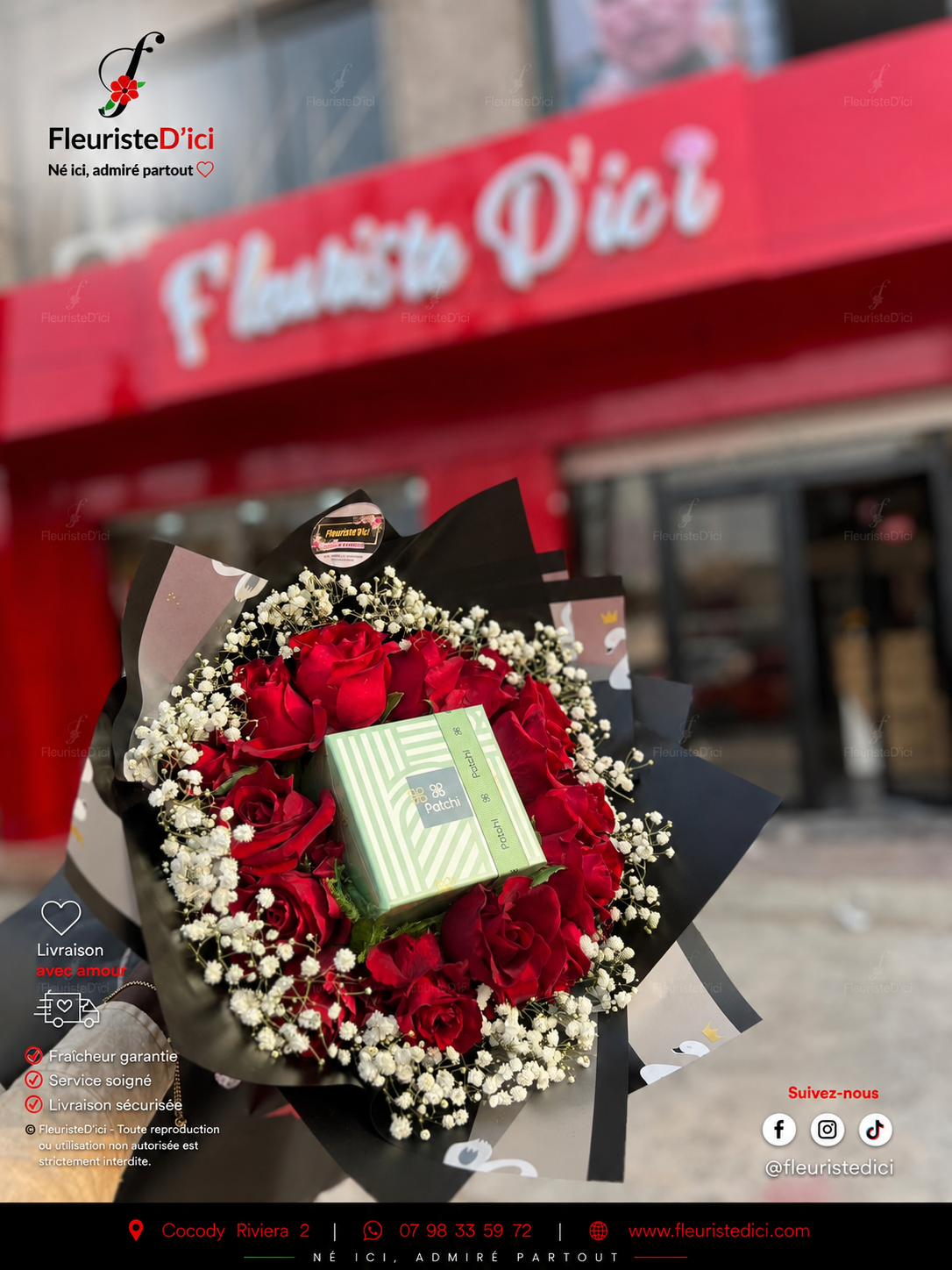 Bouquet Printemps – 15 Roses, Gypsophile & Patchi