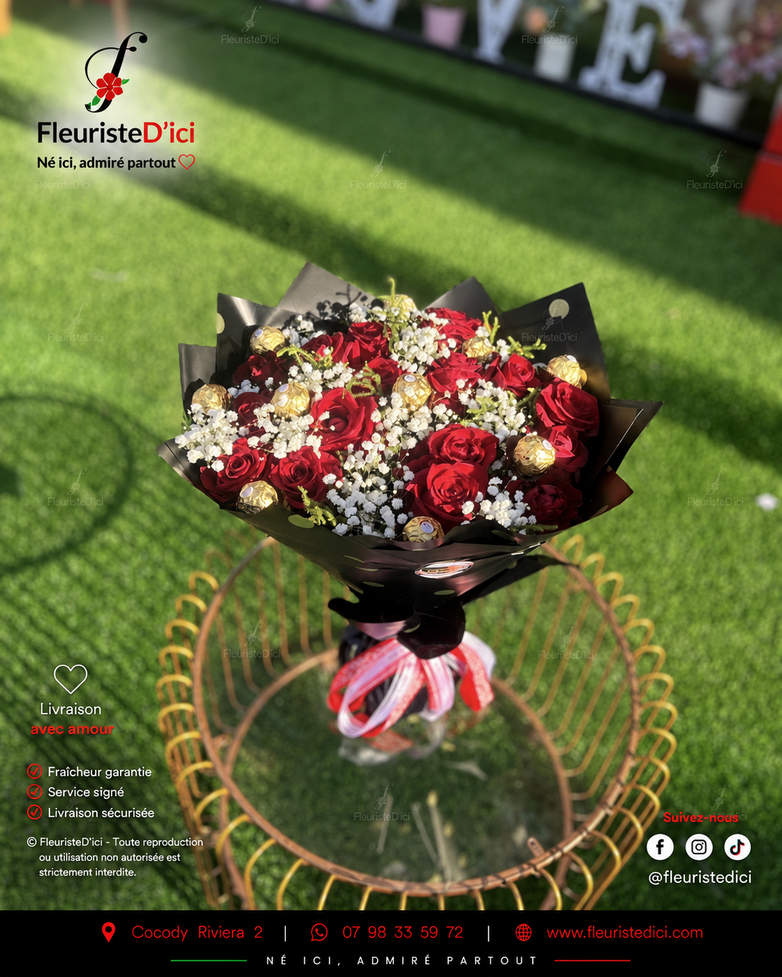 Bouquet Prestige Classe – 15 Roses & Chocolats Dorés